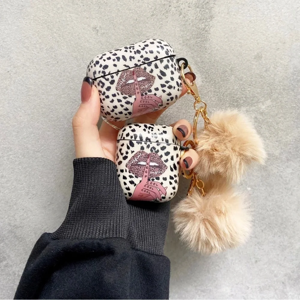 Cute Leopard Lip Fur‎ Ball Keychain Earphone Case for Apple Airpods